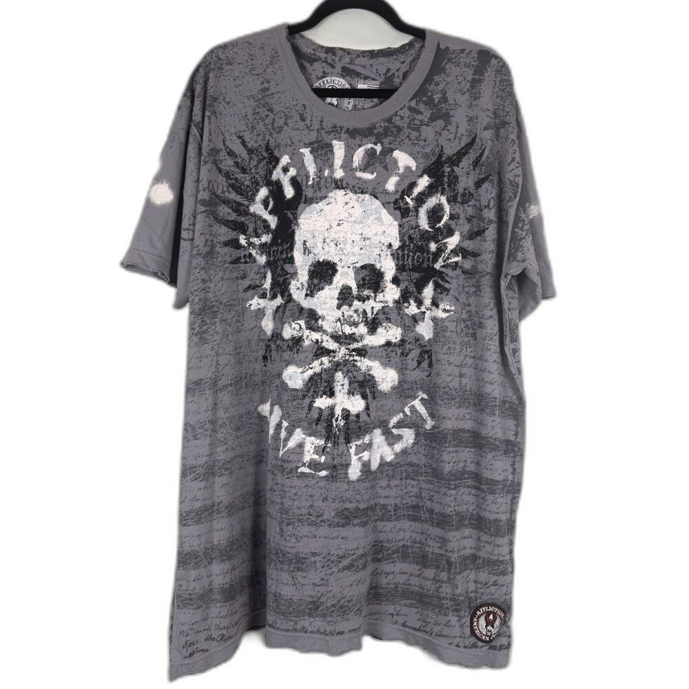 Affliction T Shirt Mens 2XL Gray Skull Graphic Short Sleeve Biker Grunge